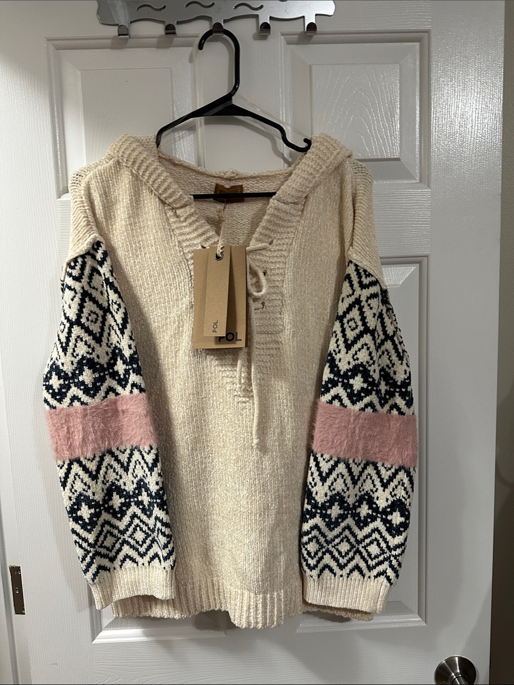POL Cream Hooded Sweater with Black Patterned Sleeves and Pink Bands